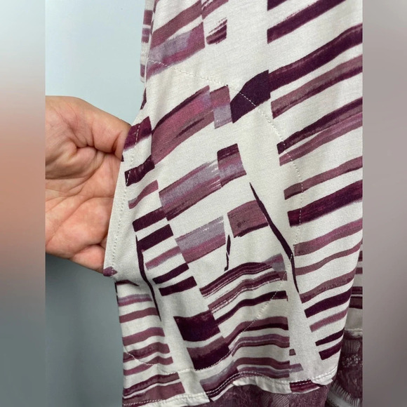 LOGO by Lori Goldstein Purple Cream Printed Top with Lace Hem and Pockets - Picture 9 of 9